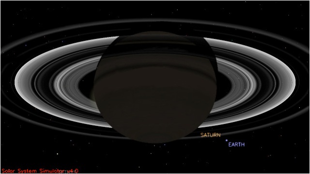 Simulated view from NASA's Cassini spacecraft shows the expected positions of Saturn and Earth on July 19, 2013, around the time Cassini will take Earth's picture.  Image credit: NASA/JPL-Caltech